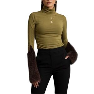 Vitelli Italy US XS Green Cashmere Blend Funnel Neck Sweater Brown Fluffy Muff